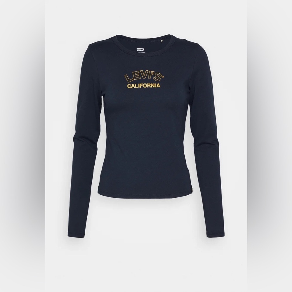 Levi's Navy Long-Sleeve Logo Tee with Gold Lettering